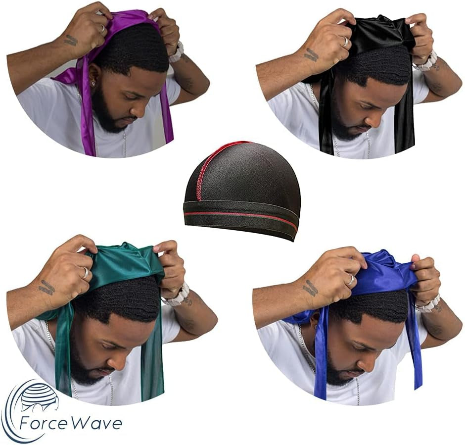 4PCS Silky Durags for Men Women 360 Waves with 1 Wave Cap, Silky Satin Durag Extra Long Tails