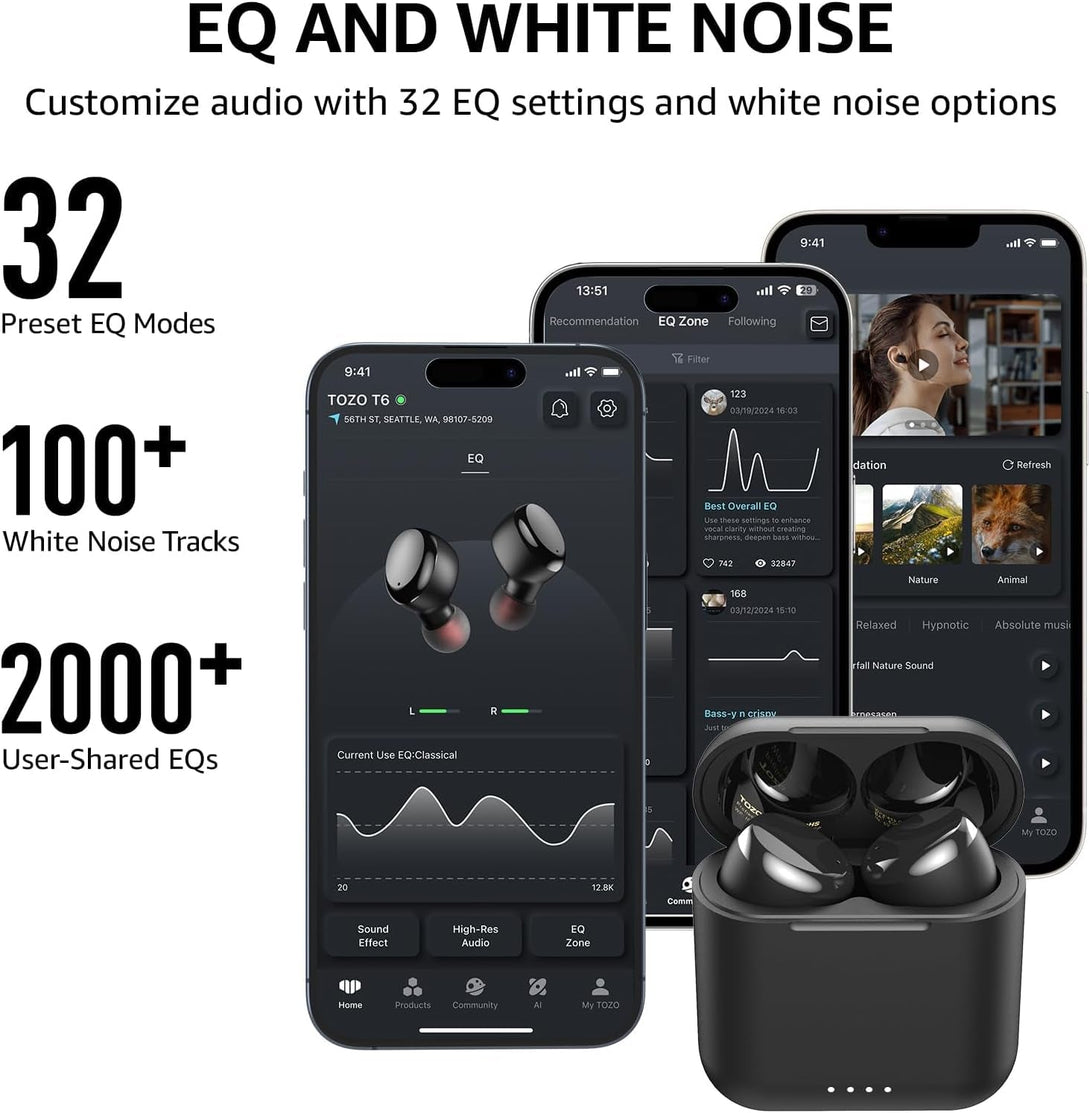 TOZO T6 True Wireless Earbuds Bluetooth 5.3 Headphones 50H Long Playtime, Wireless Charging Case, IPX8 Waterproof Stereo Earphones, Built-In Mic Calls, Headset Premium Deep Bass 32 Preset Eqs via APP
