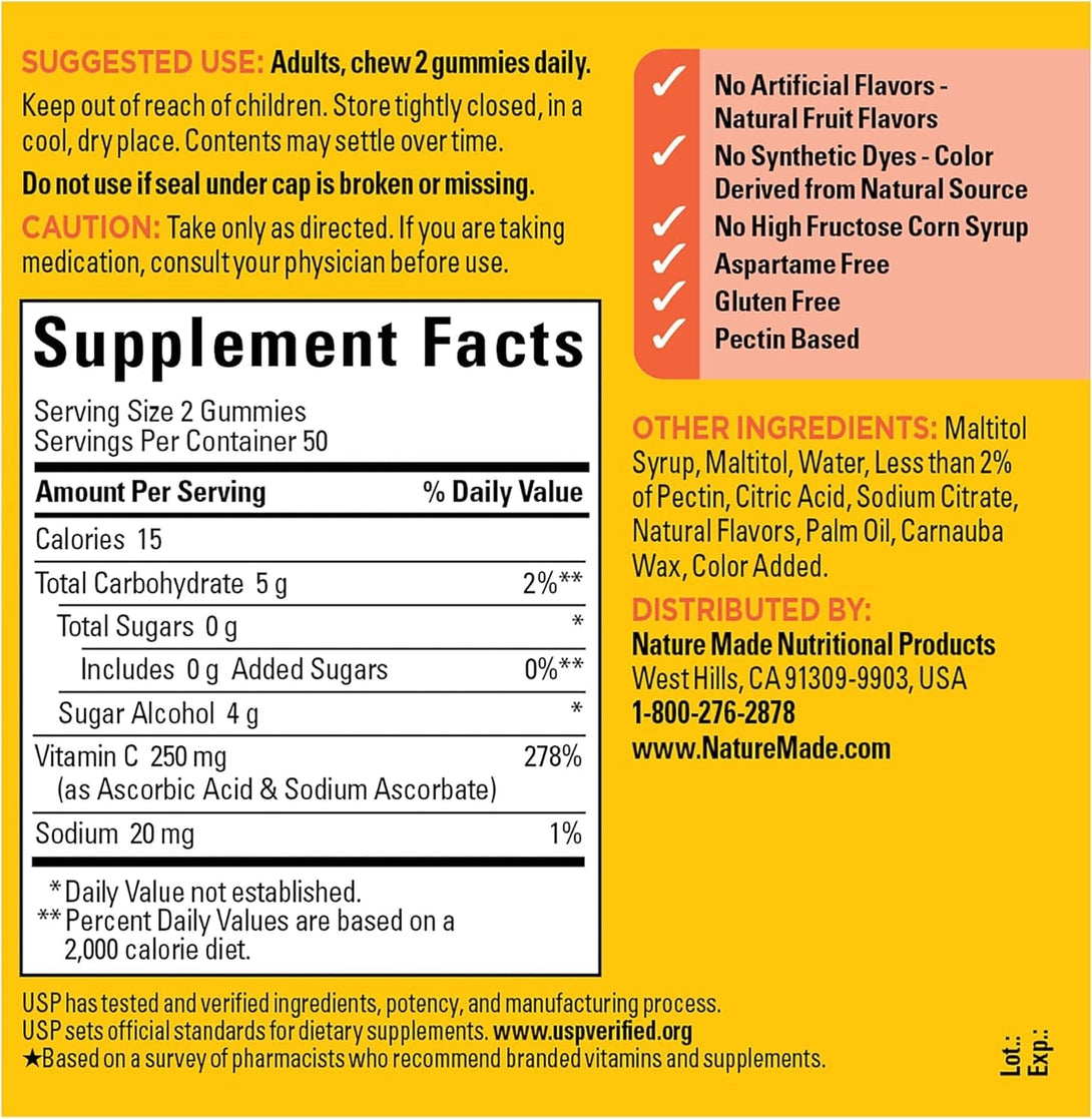 Nature Made Zero Sugar Vitamin C Gummies 250 Mg per Serving, Immune & Antioxidant Support, Aspartame Free, 100 Sugar Free Gummies, 50 Day Supply