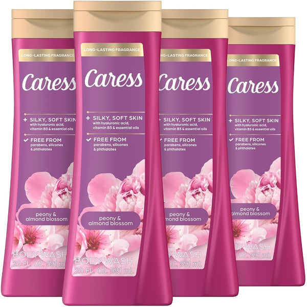 Caress Body Wash for Women, Peony & Almond Blossom, Shower Gel Moisturizing Body Wash for Fresh, Smooth Skin to Soothe and Unwind, 20 Fl Oz, (Pack of 4)