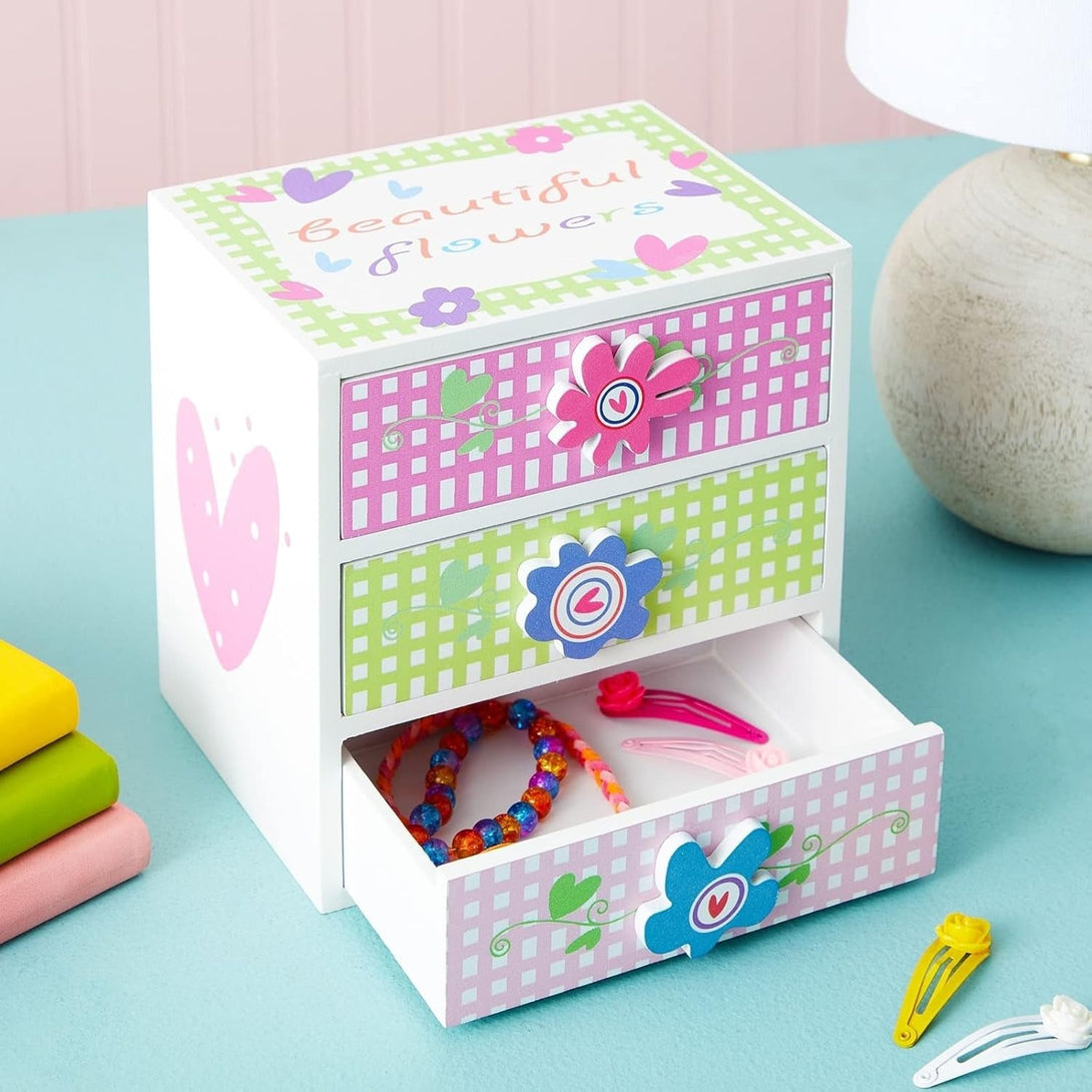 Juvale Small Floral Jewelry Box for Little Girls Aged 4 to 13 - Kids Wooden Organizer with 3 Drawers for Necklaces and Earrings