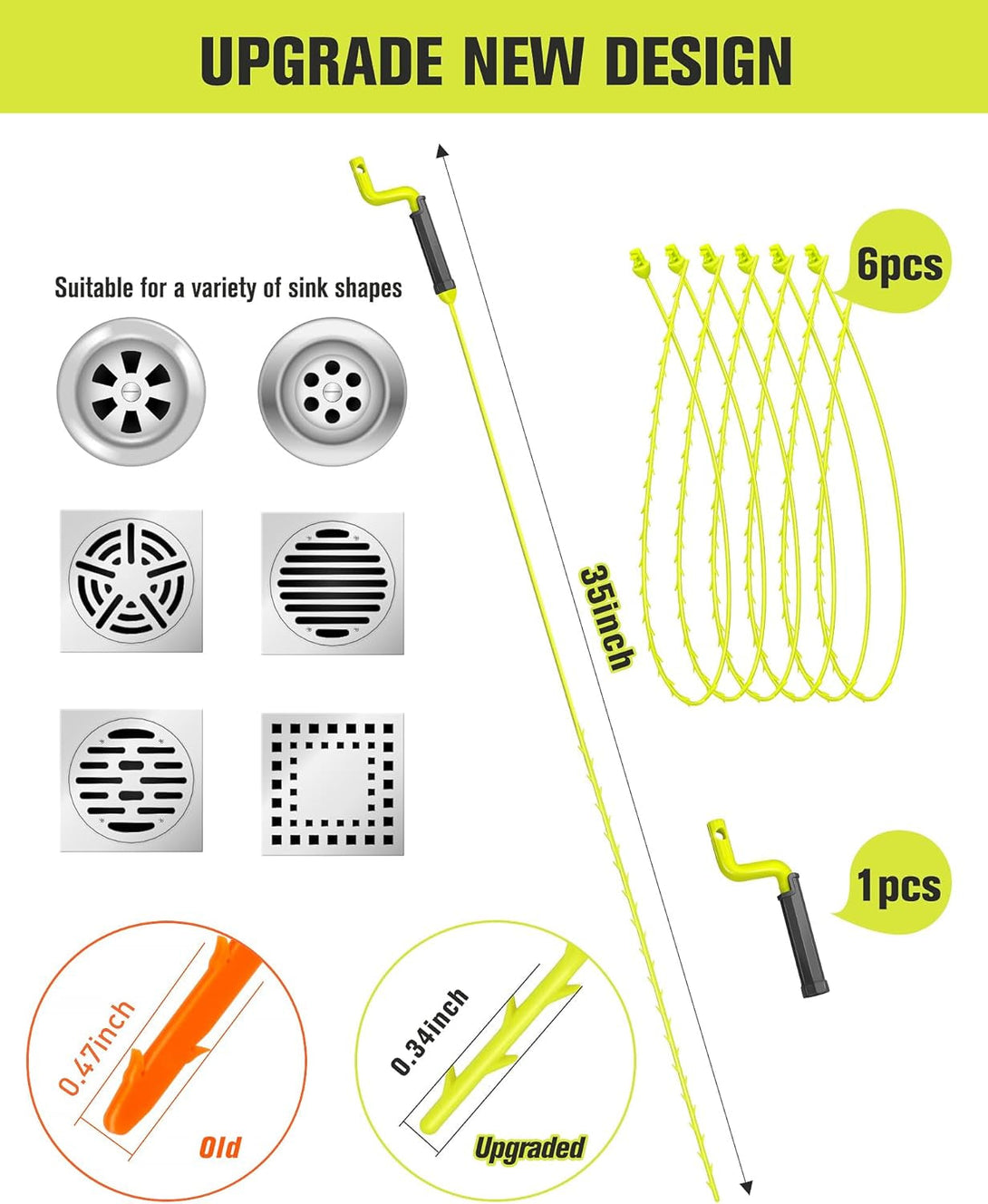 35Inch Drain Clog Remover Tool, Drain Snake Hair Remover with Rotating Handle, Hair Catcher Drain Auger Cleaner Tool & Plumbing Snake, Hair Cleaning Tool Can Use on Most Drains, Sink Snake(6Pcs)