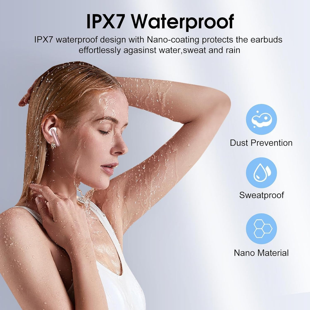 Wireless Earbuds, 2025 Bluetooth 5.4 Headphones in Ear Buds 3D Bass Stereo, 40H Ultralight Bluetooth Earbuds with 4 ENC Noise Cancelling Mic, IP7 Waterproof Earphones for Android Ios Pad, Rose Gold