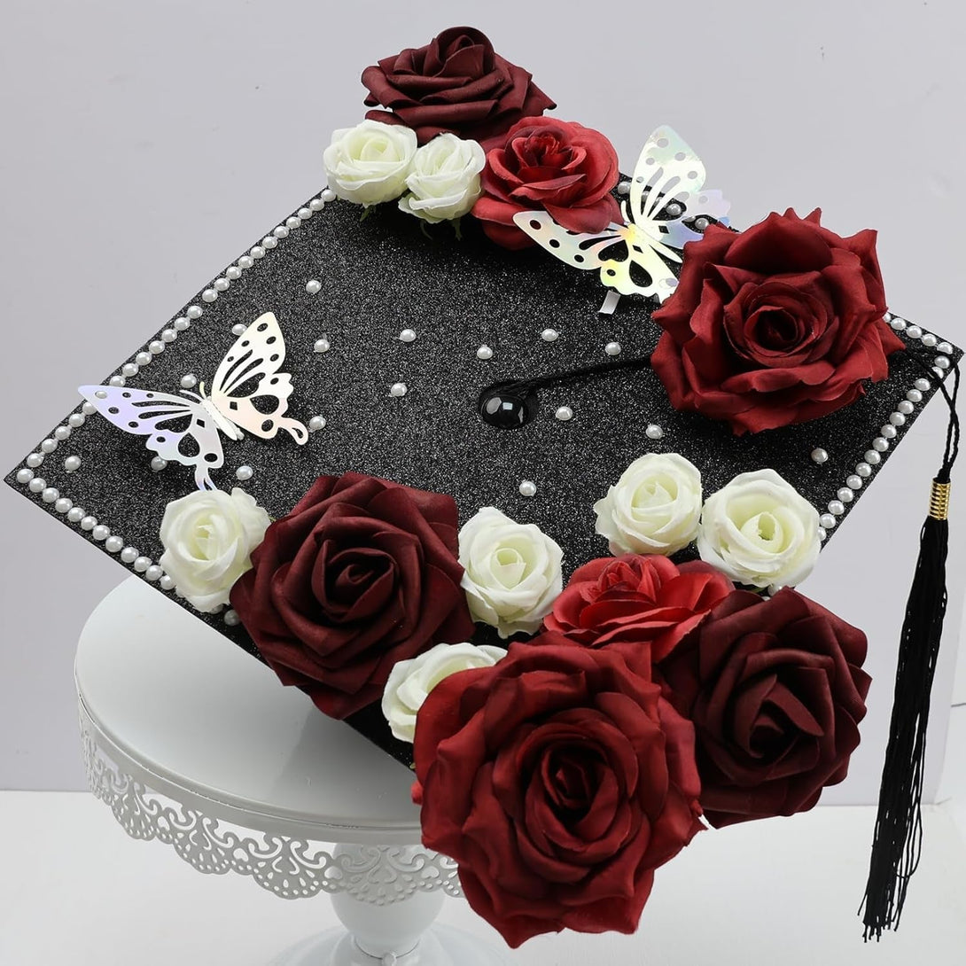 Nagobi DIY Graduation Cap Decorations Accessory Kit, Cap Decorations for Graduation 3D Faux Rose Flower Heads Butterfly for Grad Hats Decor Pearl Stickers Alphabet Letter Stickers (Red White)