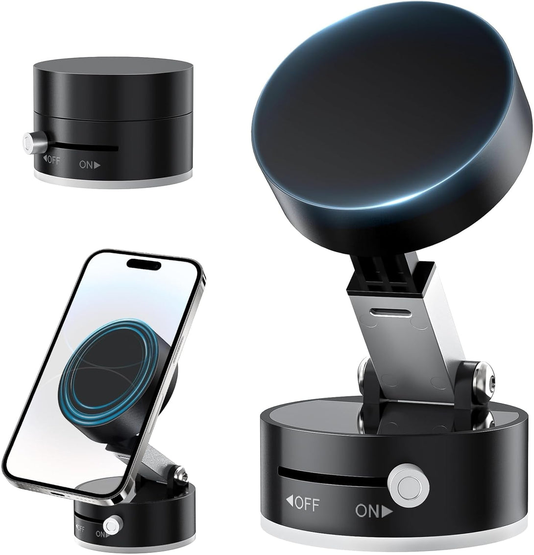 Amoner Vacuum Magnetic Suction Phone Holder, 2025 Upgrade 360° Retractable Suction Cup Phone Mount, Foldable Magnetic Vacuum Phone Holder, Folding Swivel Stand, for Car/Mirror/Gym