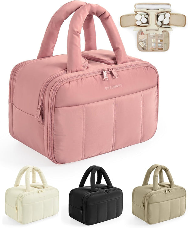 BAGSMART Travel Toiletry Bag, Puffy Large Toiletry Bag for Women, Lightweight Cosmetic Makeup Bag Organizer with Handle for Traveling, Accessories, Essentials, Toiletries ï¼ˆDark Pink