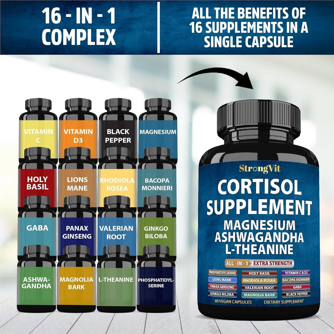 Cortisol Supplements for Women and Men with Magnesium, Ashwagandha & L-Theanine. High Cortisol Reducer, Manager, Detox, Lower and Control. Sleep Support & Stress Relief, USA