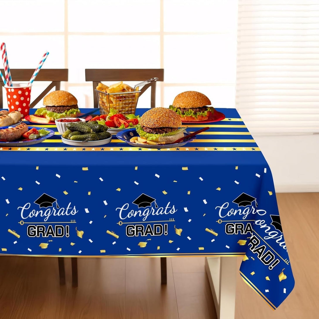 Childom 3 Pack Graduation Tablecloth,Graduation Party Decorations 2025 Blue and Gold,54"X108" Disposable Plastic Table Cloth,Waterproof Plastic Disposable Tablecloth for Home,School,Party Supplies