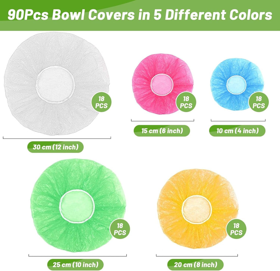 90Pcs Reusable Elastic Food Bowl Storage Covers, Sublaga Bowl Covers, Variety of 5 Translucent Stretchable Sizes and Colorful Dish Plate Covers, Alternative to Foil, Plastic Wrap,Bpa Free