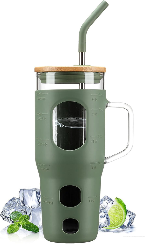 32 Oz Glass Tumbler with Lid and Straw,Glass Water Bottles with Handle,Glass Cup with Time Marker and Silicone Sleeve, Fits in Cup Holder BPA Free-Olive