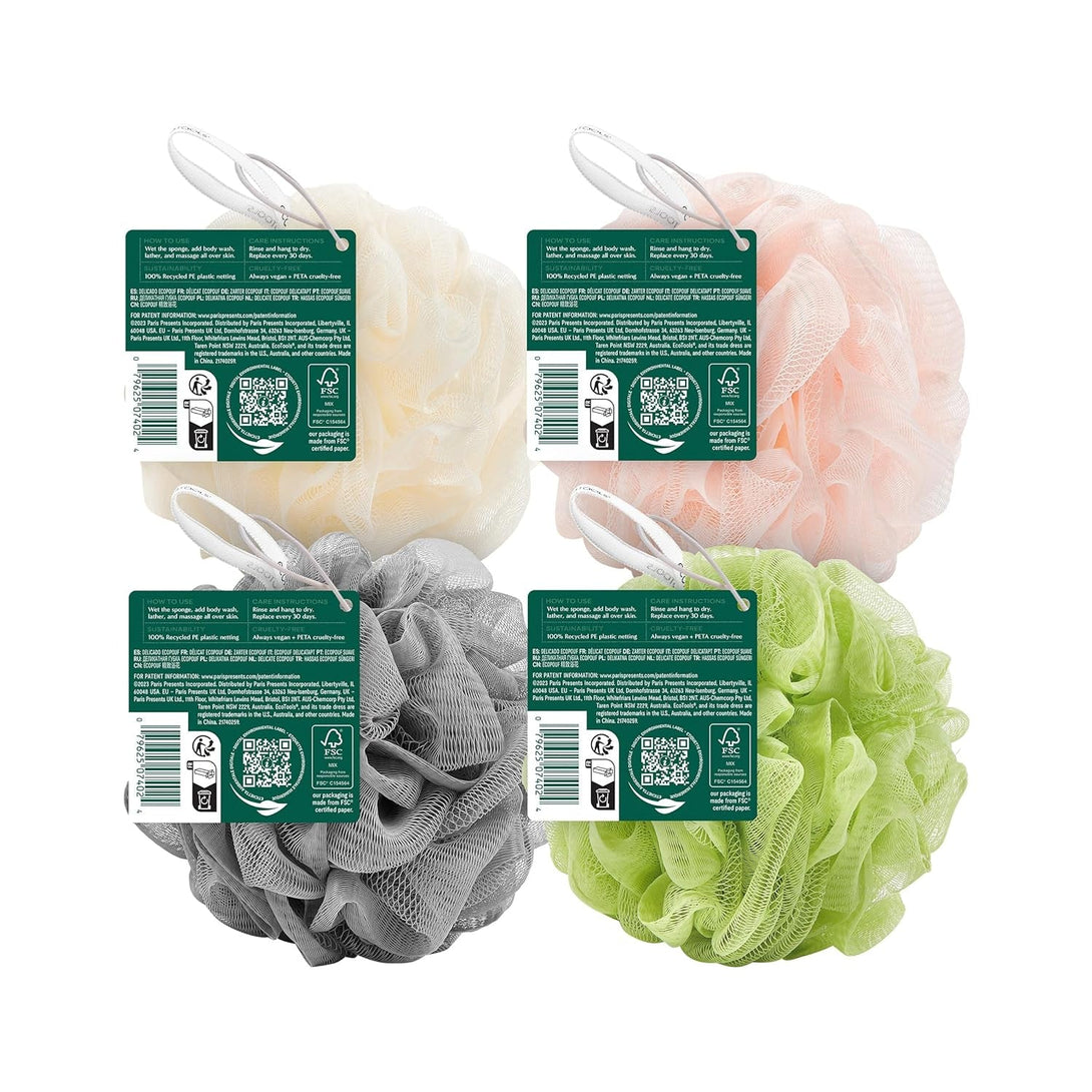 Ecotools Delicate Ecopouf 4 Pack, Loofah Sponge for Bath & Shower, Recycled Netting, Gentle Exfoliation, Pouf for Body Wash, Eco-Friendly Bath Accessory, Cruelty-Free, Color May Vary, (60G Each)