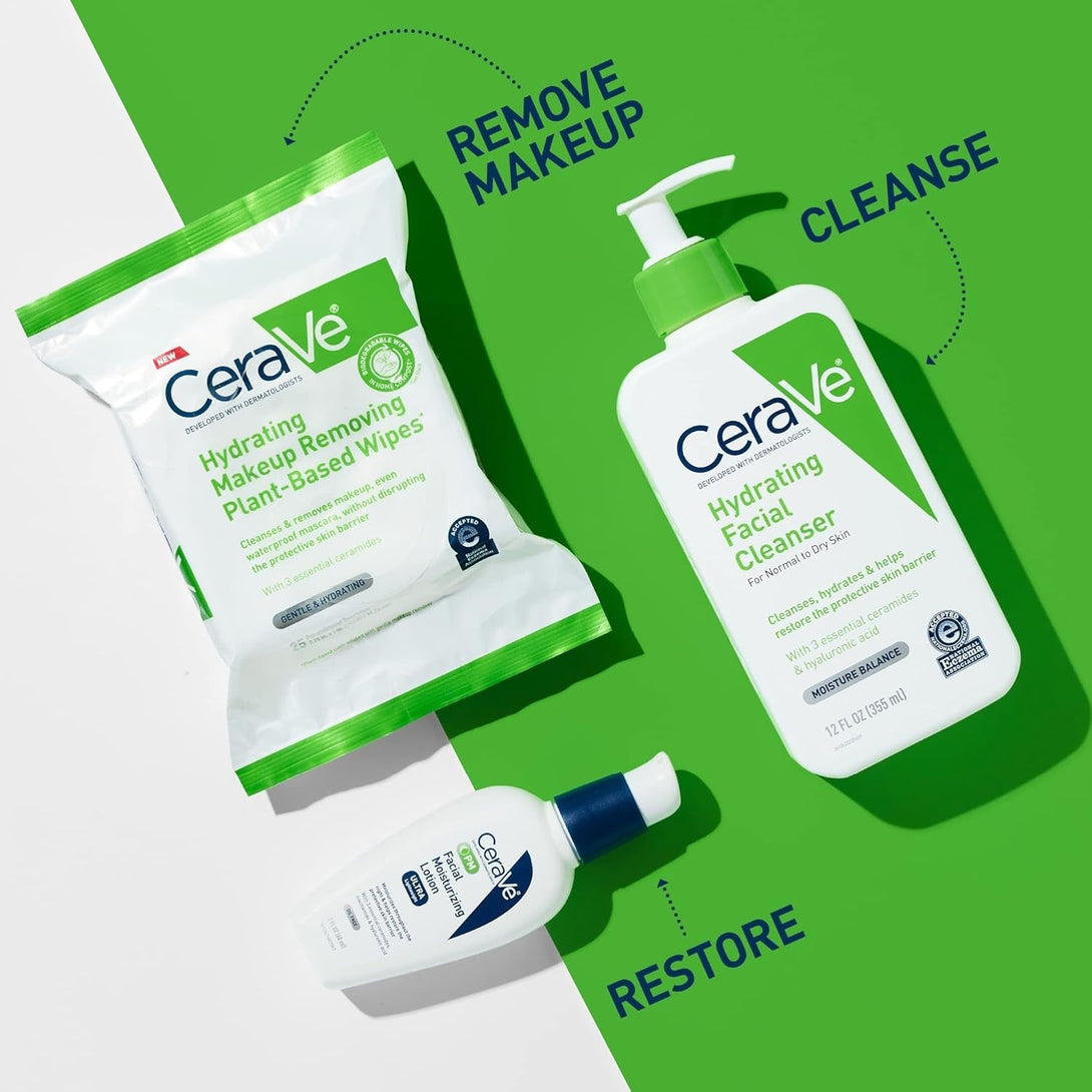 Cerave Hydrating Facial Cleansing Makeup Remover Wipes, Plant Based Face Wipes, Biodegradable in Home Compost, Face Wash Cloth, Suitable for Sensitive Skin, Fragrance-Free Non-Comedogenic, 25 Count