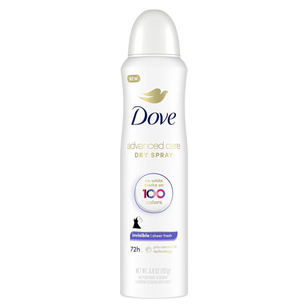 DOVE WOMENS DEO Advanced Care Invisible Dry Spray Antiperspirant Deodorant No White Marks on 100 Colors Sheer Fresh 48-Hour Sweat and Odor Protecting Deodorant for Women 3.8 Oz, (Pack of 1)