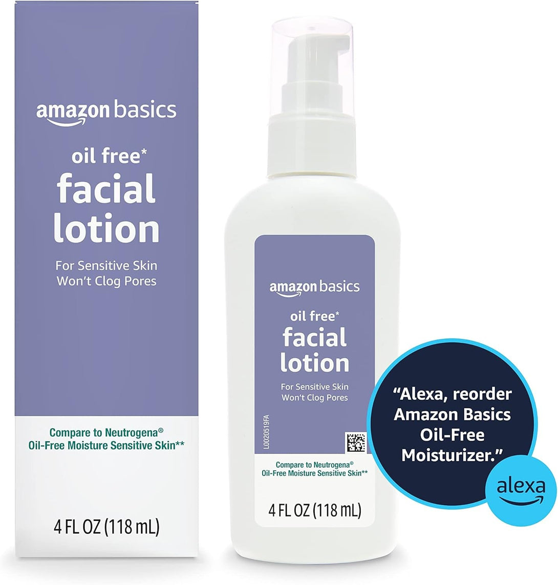 Amazon Basics Oil-Free Facial Moisturizer for Sensitive Skin, Fragrance Free, 4 Fluid Ounce (Previously Solimo)