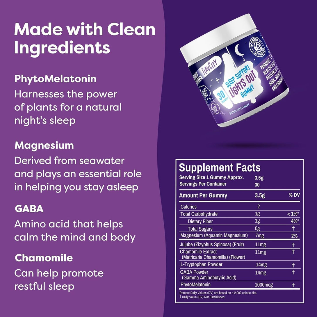 Flavcity Melatonin Sleep Gummies for Adults, Lights Out Gummy - Chewable Sleep Support Supplement with Plant-Based GABA, Magnesium & Chamomile for Deep & Restful Bedtime, 30-Day Supply