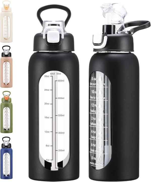 32 Oz Glass Water Bolttles with Straw Large Motivational Water Bottle with Time Marker Sports Water Bottles with Silicone Sleeve and Handle Lid Water Jug for Gym Workout