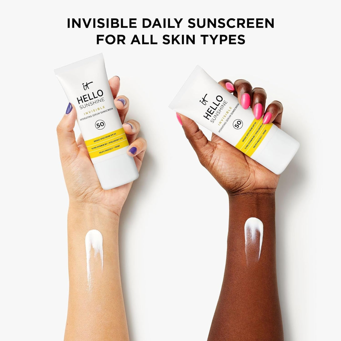 IT Cosmetics Hello Sunshine Invisible Sunscreen for Face SPF 50 - Sunscreen, Hydrating Serum & Makeup Primer - 1% Pro-Vitamin B5 & Hyaluronic Acid - HSA/FSA Eligible - No White Cast