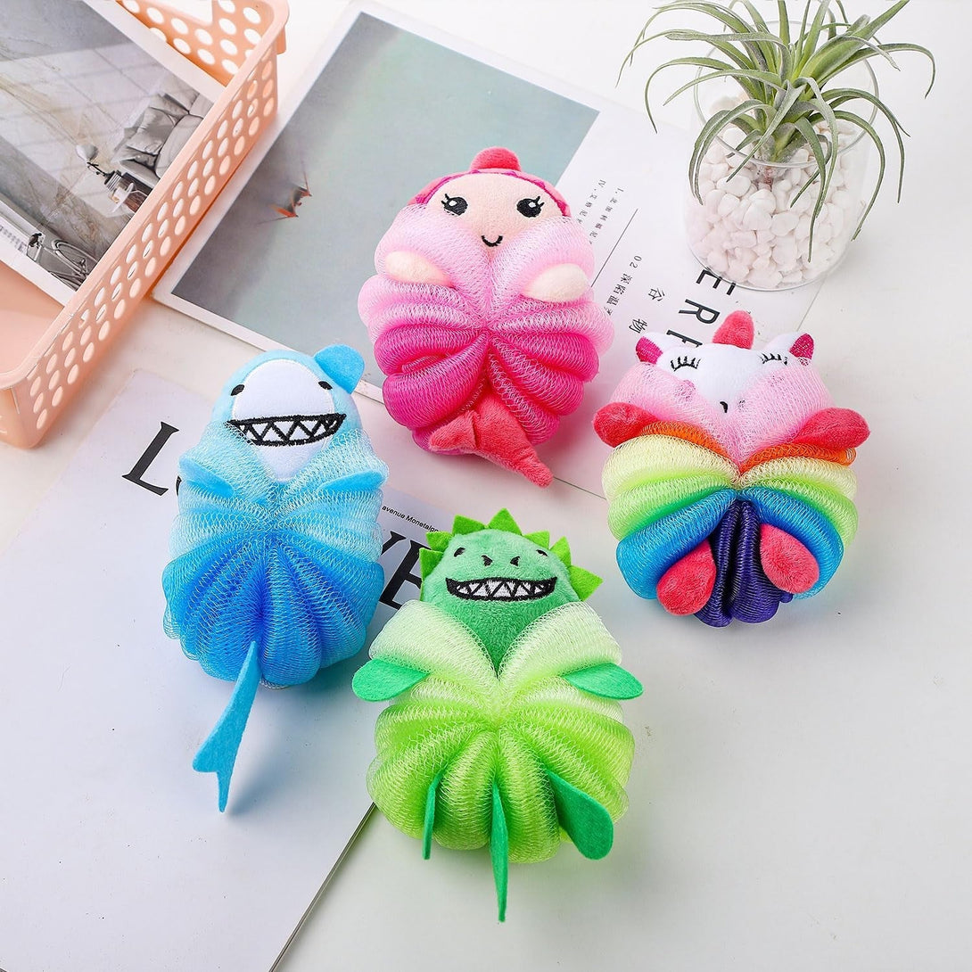 4 Pack Fun Bubble Bath Kid Loofahs, Cute Animal Loofah Bath Sponge, Shower Puffs Body Scrubber, Cute Sponges