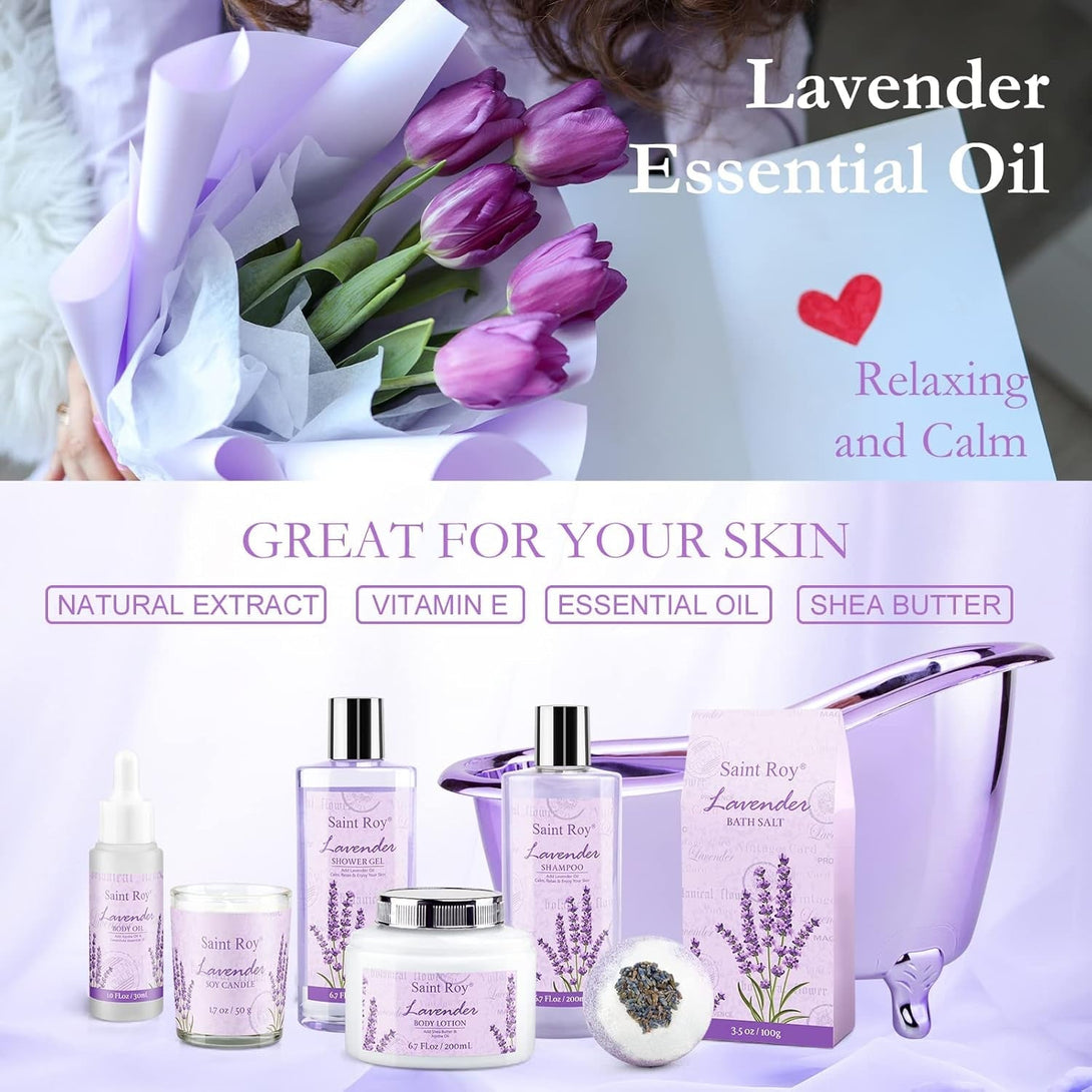 Lavender Scented Gifts for Mom Spa Gift Baskets for Women - Spa Baskets for Women Gift Lavender Gifts for Women, Bath Set with Shower Gel, Home Spa Kit Gifts for Her, Christmas, Mothers Day