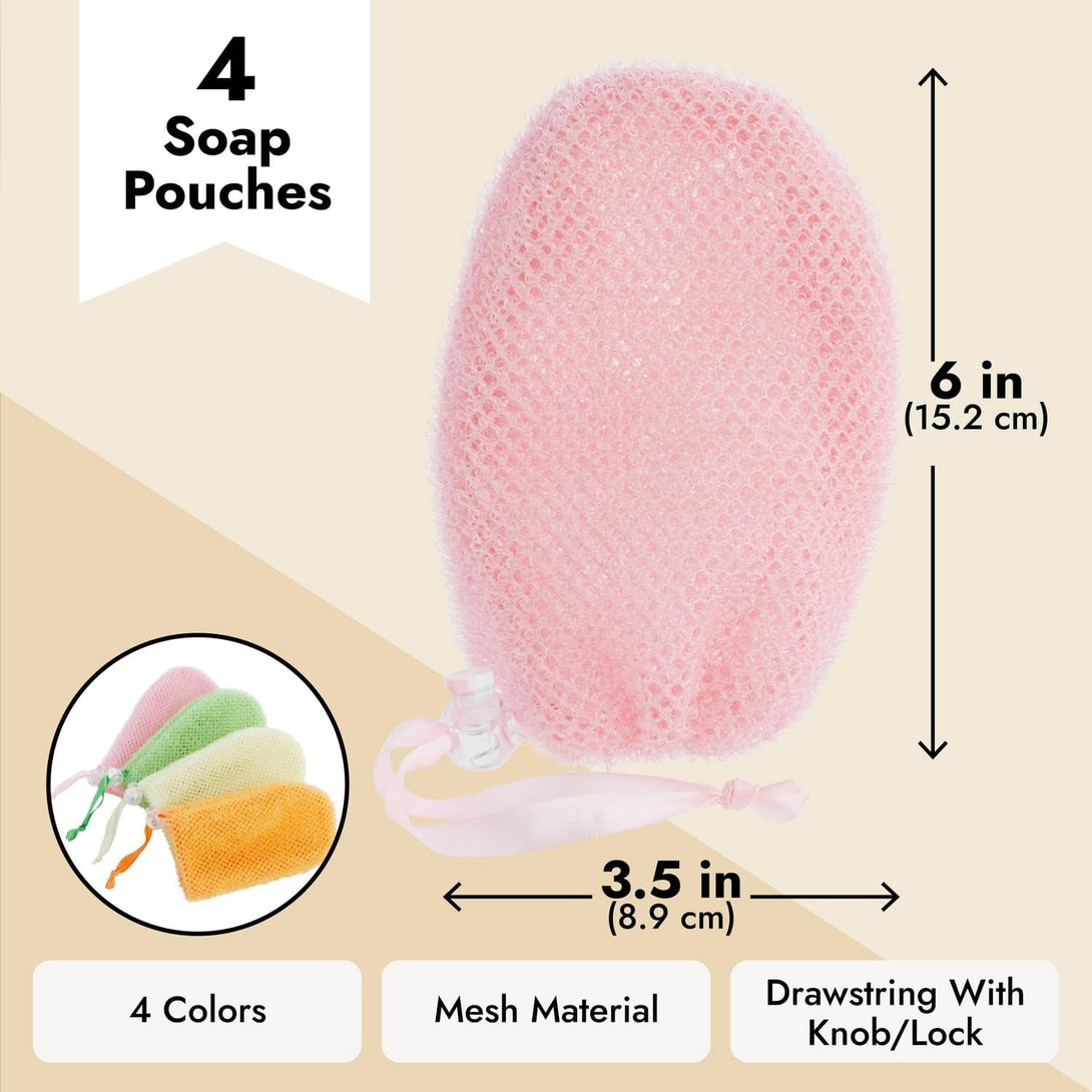 Juvale Soap Savers for Bar Soap with Drawstring Closure, Mesh Pouch for Exfoliating (4 Colors, 3.5 X 6 Inch) 4 Pack