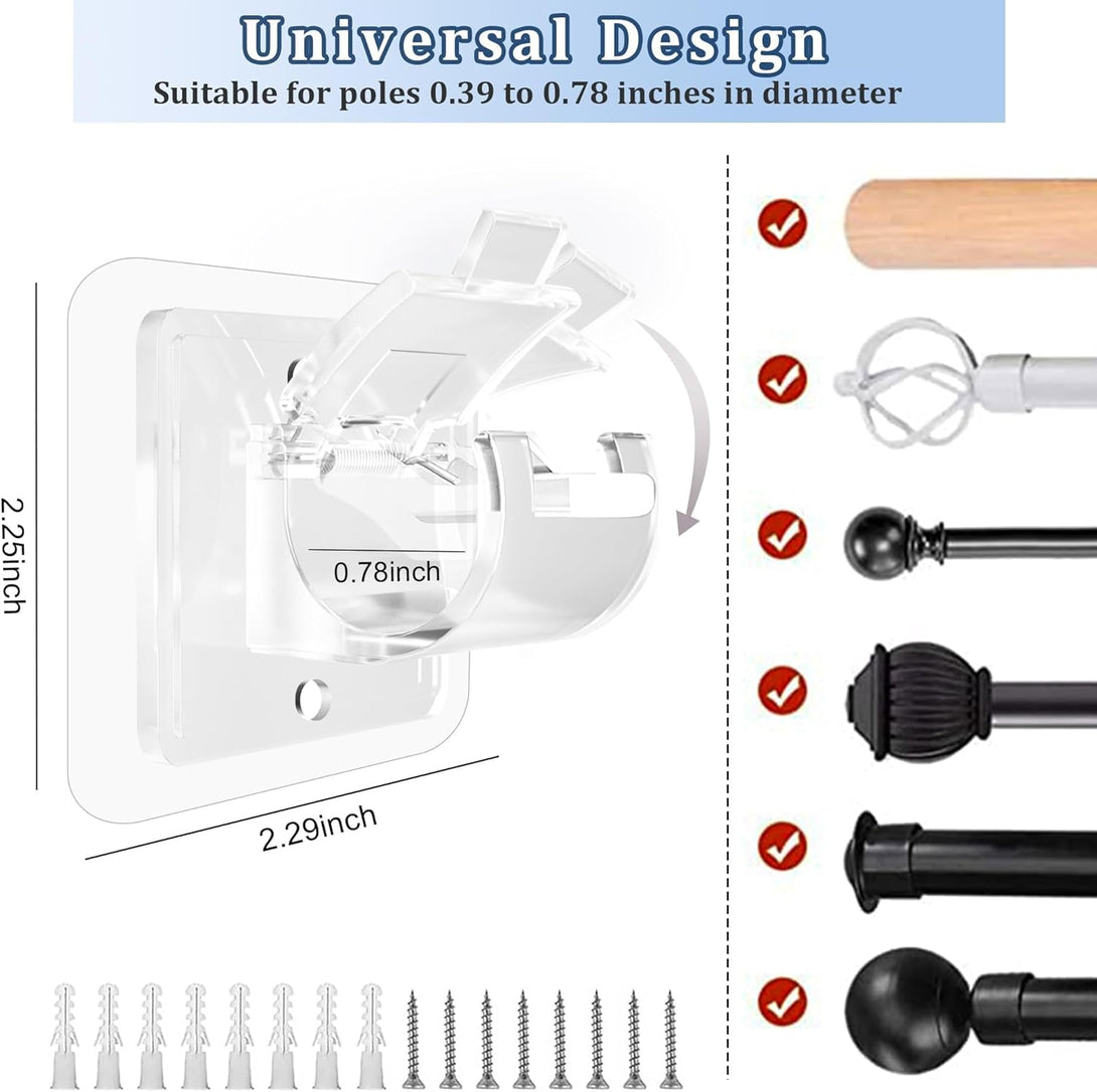 8PCS No Drill Curtain Rod Brackets No Drilling Self Adhesive Curtain Rod Holder Hooks Nail Free Adjustable Curtain Rod Hooks Curtain Hangers for Bathroom Kitchen Home Bathroom and Hotel (Transparent)