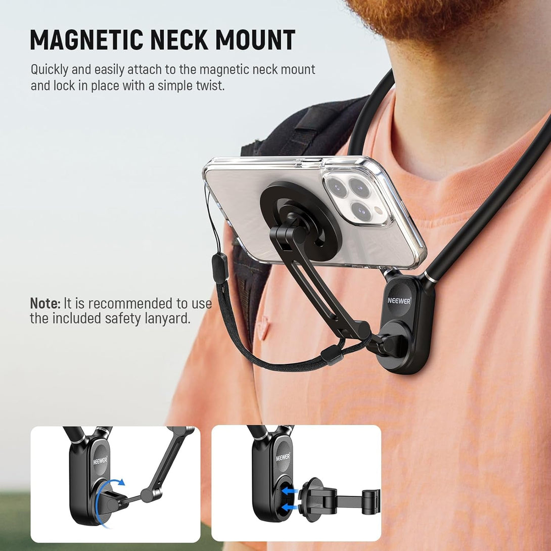 NEEWER Magnetic Neck Holder for Action Camera & Phone, Hands Free Tripod Chest Mount Compatible with Gopro DJI Insta360 Magsafe Iphone Android, Phone Holder for Video Recording POV Vlog, GP16