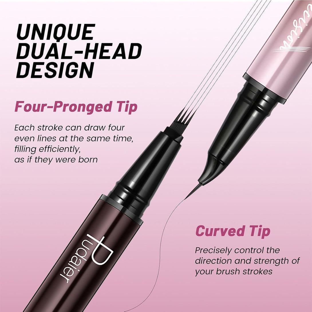 2-In-1 Curved Eyebrow Pen and Eyeliner with 10Pcs Brow Stencils, Microblading Eyebrow Pencil with 4 Fork-Tip and Curved Precise Tip, Waterproof and Long Lasting Eyebrow Pencils for Women, Dark Brown