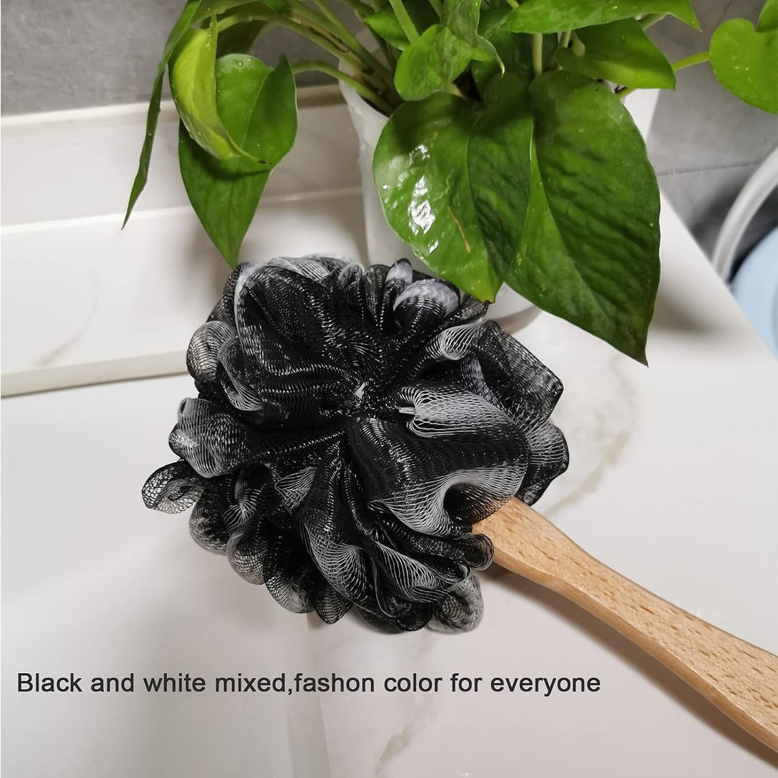 Shower Sponge Loofah Back Scrubber,Loofah on a Stick,Pe Soft Mesh Loofah Body Scrubber with Wooden Handle,Bath Sponge for Women Kids (Black)