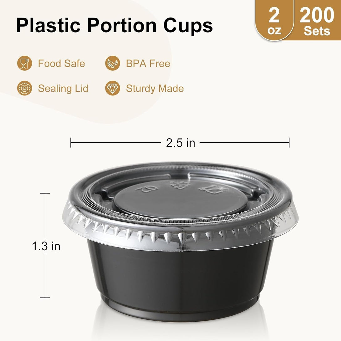 AOZITA 200-2 Oz Black Jello Shot Cups, Portion Cups, Small Plastic Containers with Lids, Airtight Souffle Cups, Salad Dressing Container, Sauce Cups, Condiment Cups for Lunch, Party to Go, Trips