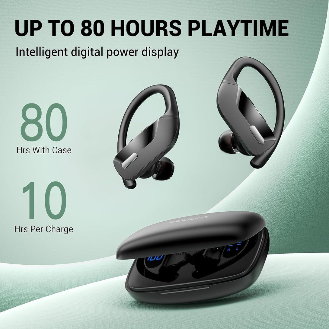 Wireless Earbuds with Earhooks 80Hrs Bluetooth Headphones Over-Ear ENC Noise Canceling Mic Earphones IP7 Waterproof Headset for Sports,Fitness,Workouts and Running Black
