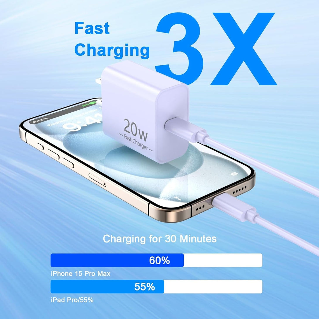 20W USB C Wall Charger Fast Charging Compatible for Iphone 16/16 Plus/16 Pro/16 Pro Max/15/15 Pro/15 Pro Max/15 Plus, 2 Pack Iphone 16 15 Charger Block with 10FT Type C Charging Cable, Purple