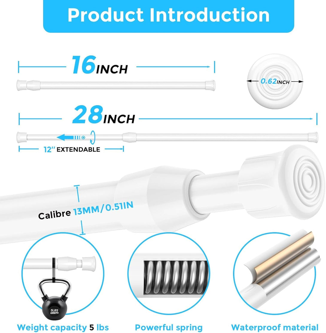 AIZESI 3Pcs White Spring Tension Rond Short Curtain Rods Small Curtain Tension Rods 16 to 28 Inch Adjustable Curtain Rod Tension Extendable Spring Rod for Home Window Kitchen