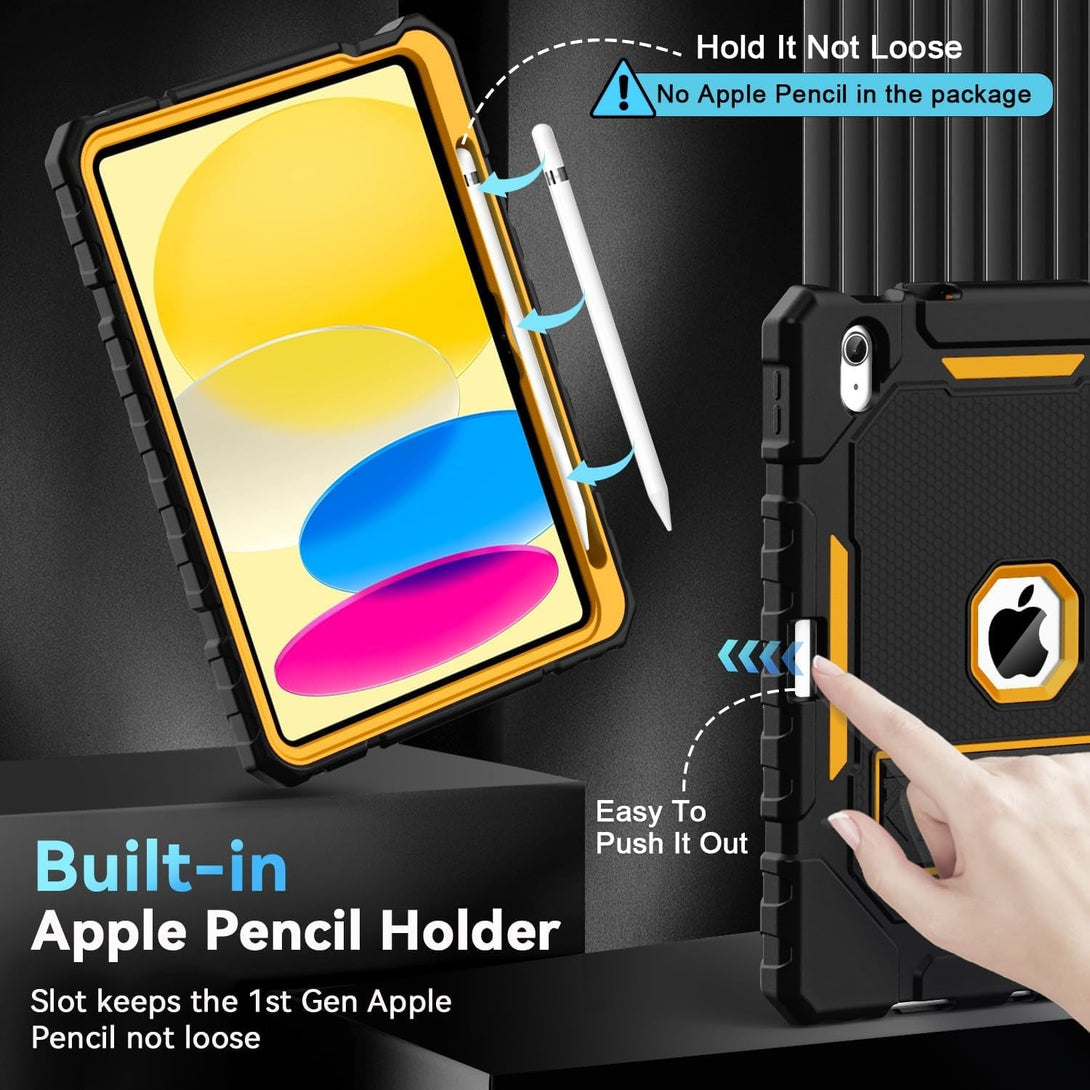 Grifobes for Ipad A16 Case 11Th Generation 11 Inch 2025 / Ipad 10Th Generation Case 10.9 Inch 2022, Heavy Duty Military Grade Shockproof Cover with Pencil Holder for I Pad 11/10 (Black+Gold)