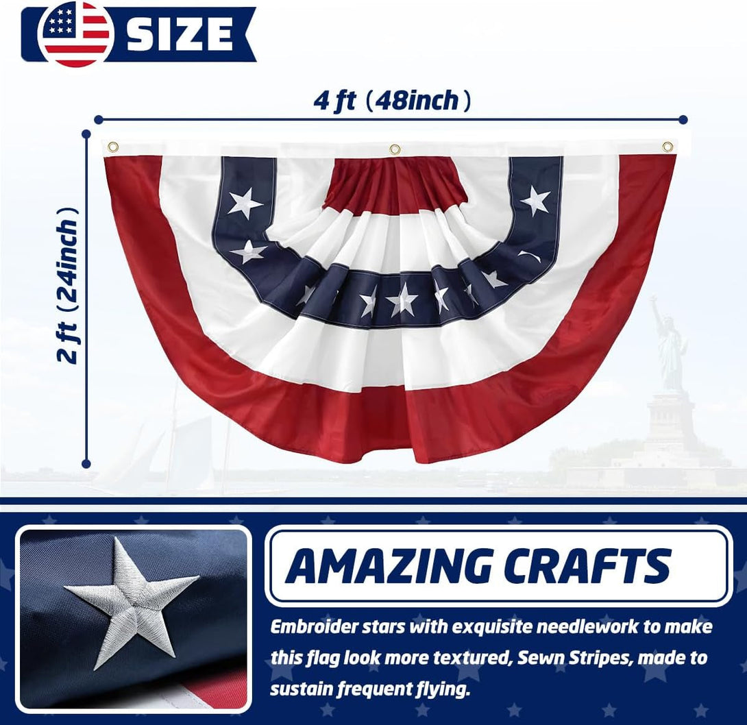 2X4 Ft American Pleated Fan Flag USA Bunting 4Th of July Flags Decor outside Porch Garden Banner Embroidered Patriotic Stars & Sewn Stripes Canvas Header Brass Grommets