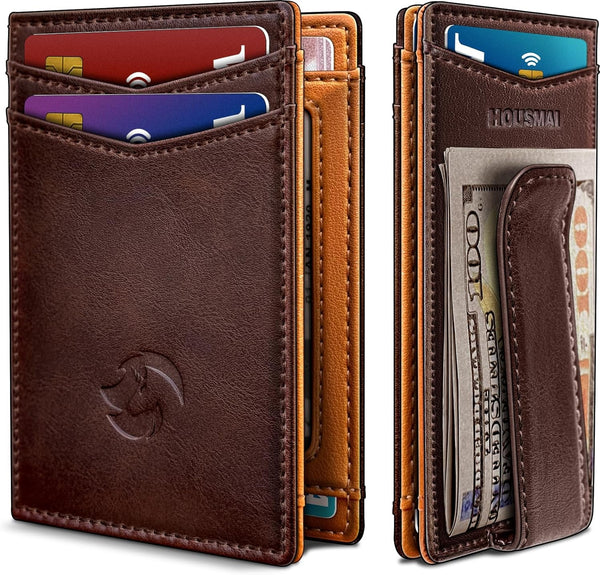 Magnetic Closure Slim Wallet for Men with Money Clip Gift Boxed,Genuine Leather Front Pocket Wallet, 3.9"X 2.7", RFID Blocking