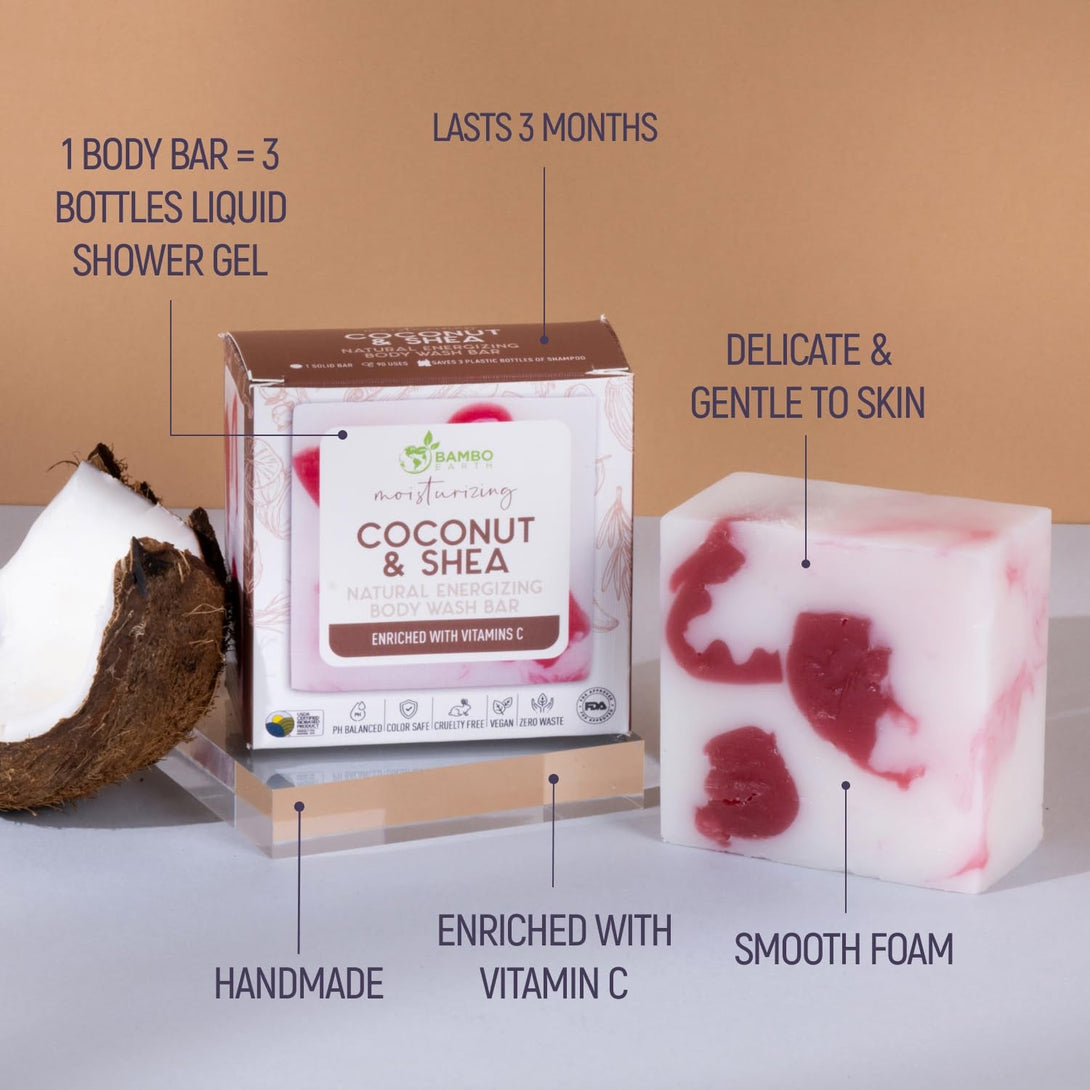 Solid Moisturizing Body Wash Bar Soap – Natural Dry Gel Bodywash Shower Bars with Plant Based Essential Oil and Zero Waste Packaging - Use with Hair Shampoo & Conditioner (Coconut & Shea)