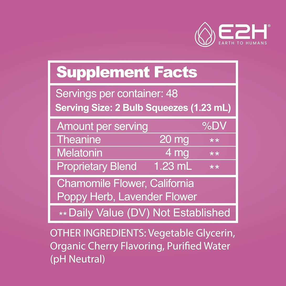 E2H Natural Sleep Support - Liquid Melatonin with Chamomile, Theanine - Sleep Better, Deeper, Longer - Vegan, Gmo-Free - Provides Stress Relief - 2 Fl Oz