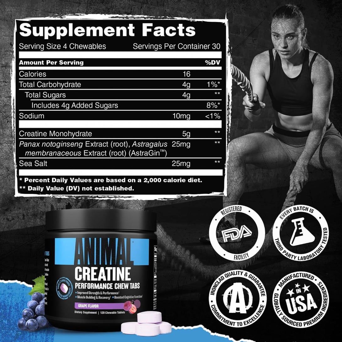 Animal Creatine Chews Tablets - Enhanced Creatine Monohydrate with Astragin to Improve Absorption, Sea Salt for Added Pumps, Delicious and Convenient Chewable Tablets - Grape
