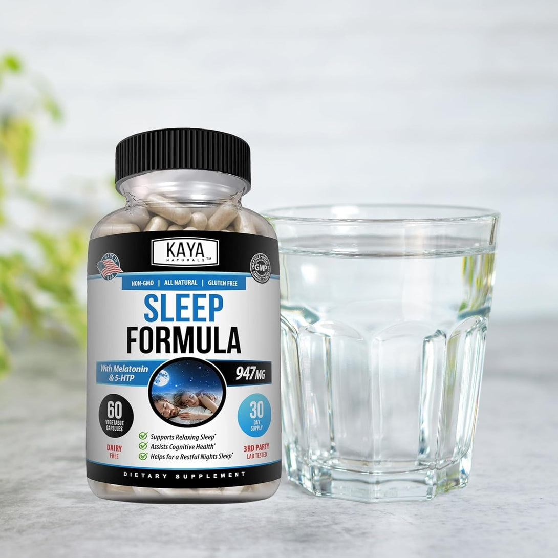 Kaya Naturals - Sleep Support Formula with Melatonin - Aid Support Vitamin Supplement - Sleep Stress and Mood Support - L-Tryptophan, Passion Flower, Ashwagandha and More - 60 Capsules (60 Count)