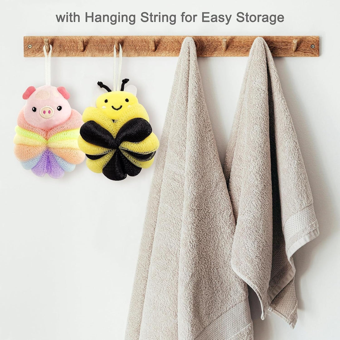 BETITETO Bath Sponges 2Pieces Kids Cute Cartoon Animal Bath Loofahs Pouf Mesh Balls Body Scrubber Bathing Accessories Gifts for Children Women (Bee + Pig)