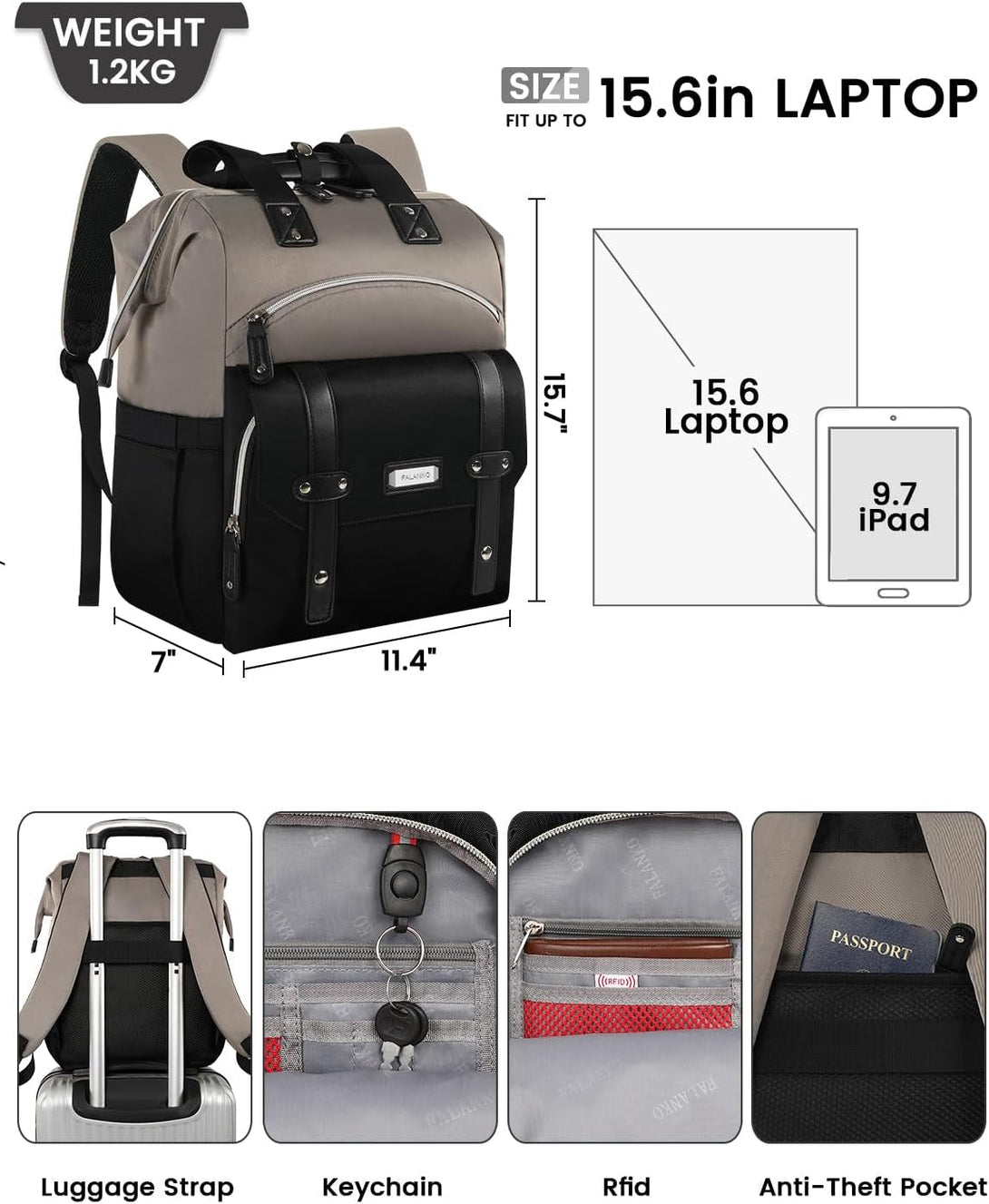 FALANKO Women Laptop Backpack, Doctor Nurse Teacher Work Adult Backpack for 15.6 Inch Laptop with RFID Anti-Theft USB Charging Port College Business Computer Bookbag Grey Black
