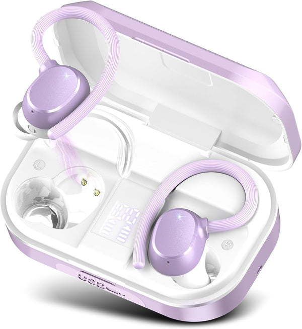 Purple Wireless Earbuds Bluetooth Headphones with Mic - Hifi Stereo, Deep Bass, 120Hrs Playtime, USB-C, IP7 Waterproof, Dual LED Display for Running Sports