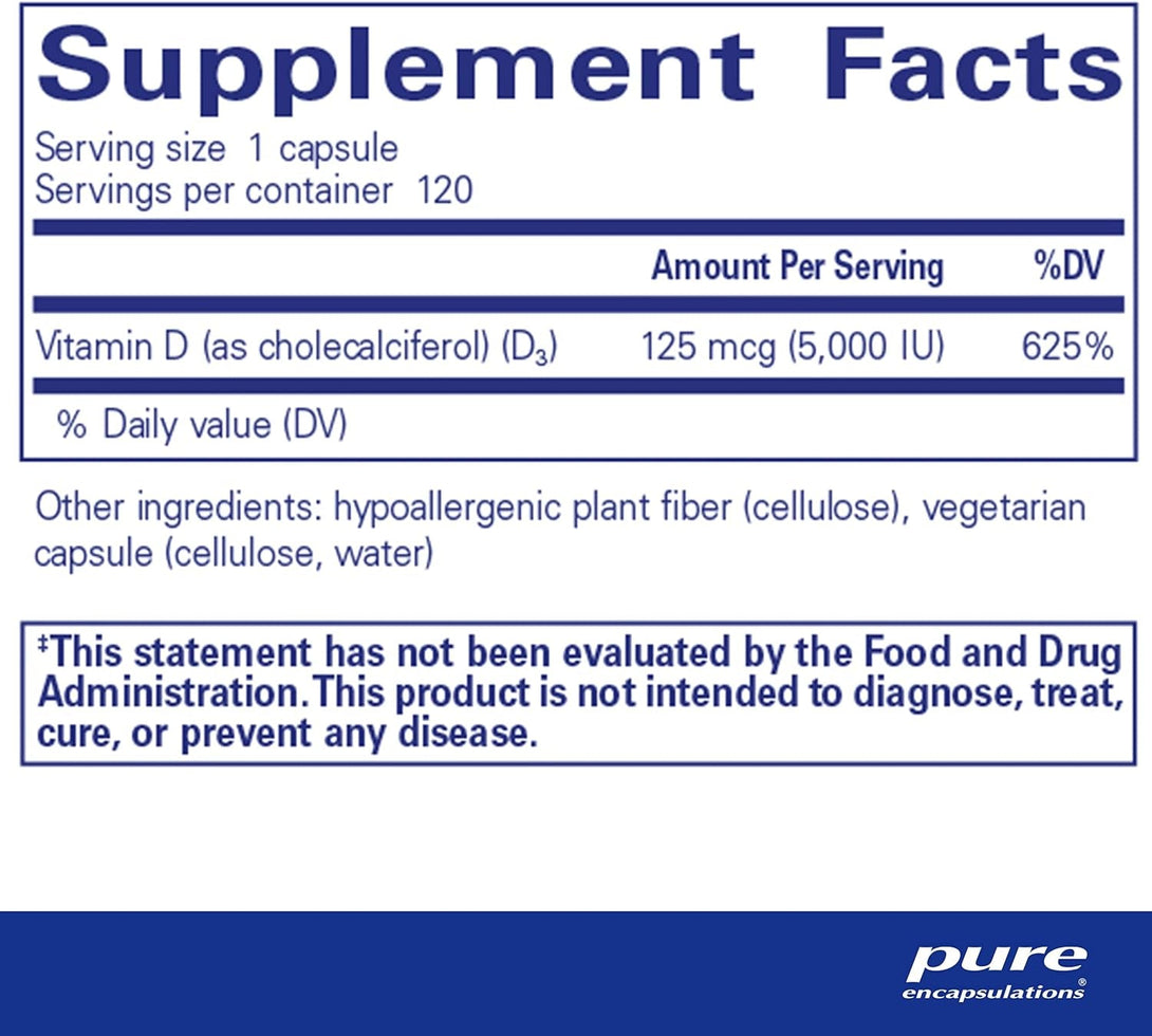 Pure Encapsulations Vitamin D3 125 Mcg (5,000 IU) - Supplement to Support Bone, Joint, Breast, Heart, Colon, and Immune Health* - with Vitamin D - 120 Capsules
