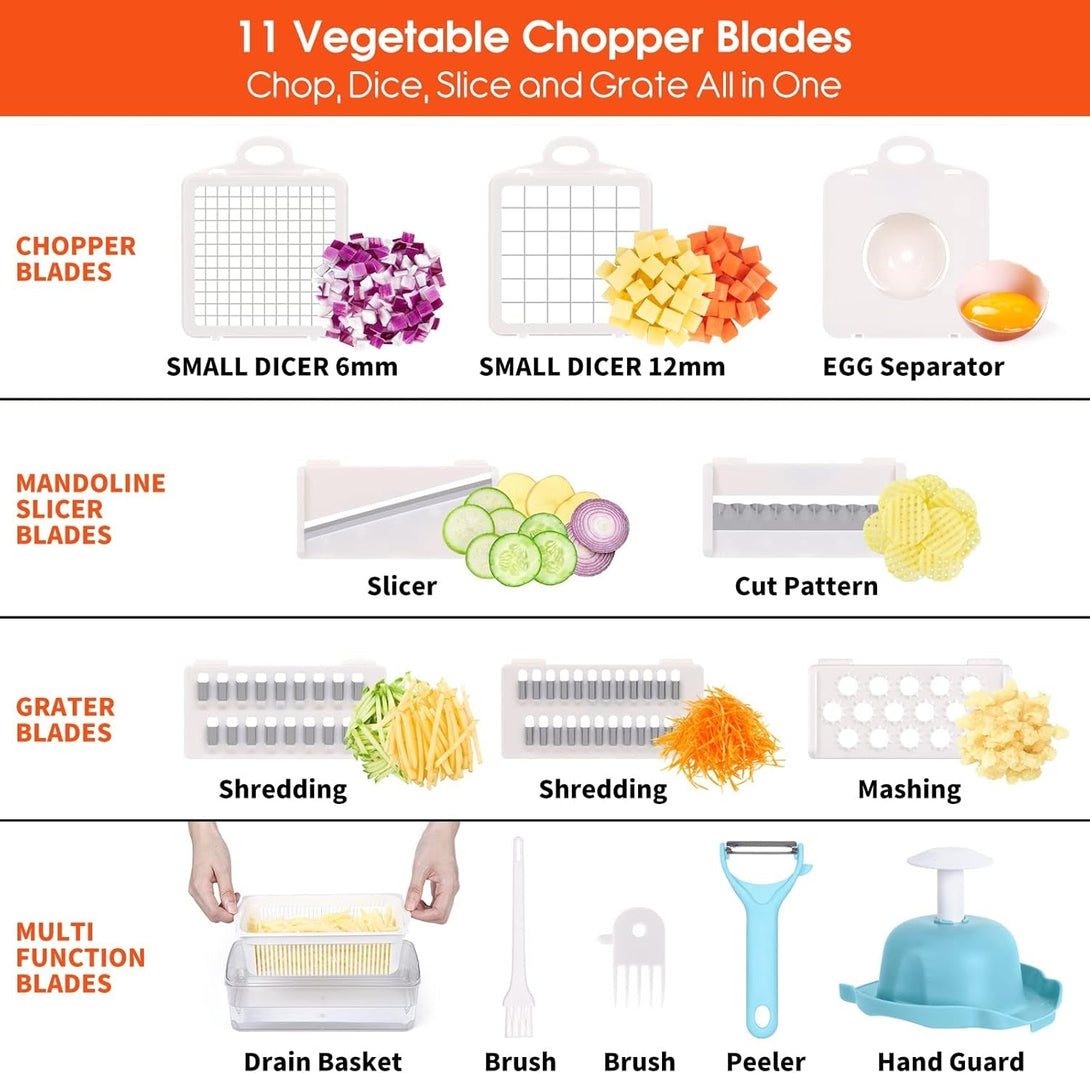 Vegetable Chopper, Pro Onion Chopper, 14 in 1Multifunctional Food Chopper, Kitchen Vegetable Slicer Dicer Cutter,Veggie Chopper with 8 Blades,Carrot and Garlic Chopper with Container(Blue)