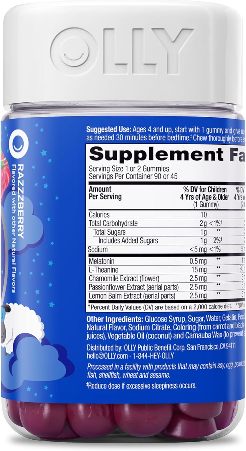 OLLY Kids Sleep Gummy, Occasional Sleep Support, 0.5Mg Melatonin, L Theanine, Chamomile, and Lemon Balm Extracts, Childrens Chewable Supplement, Raspberry Flavor - 90 Count