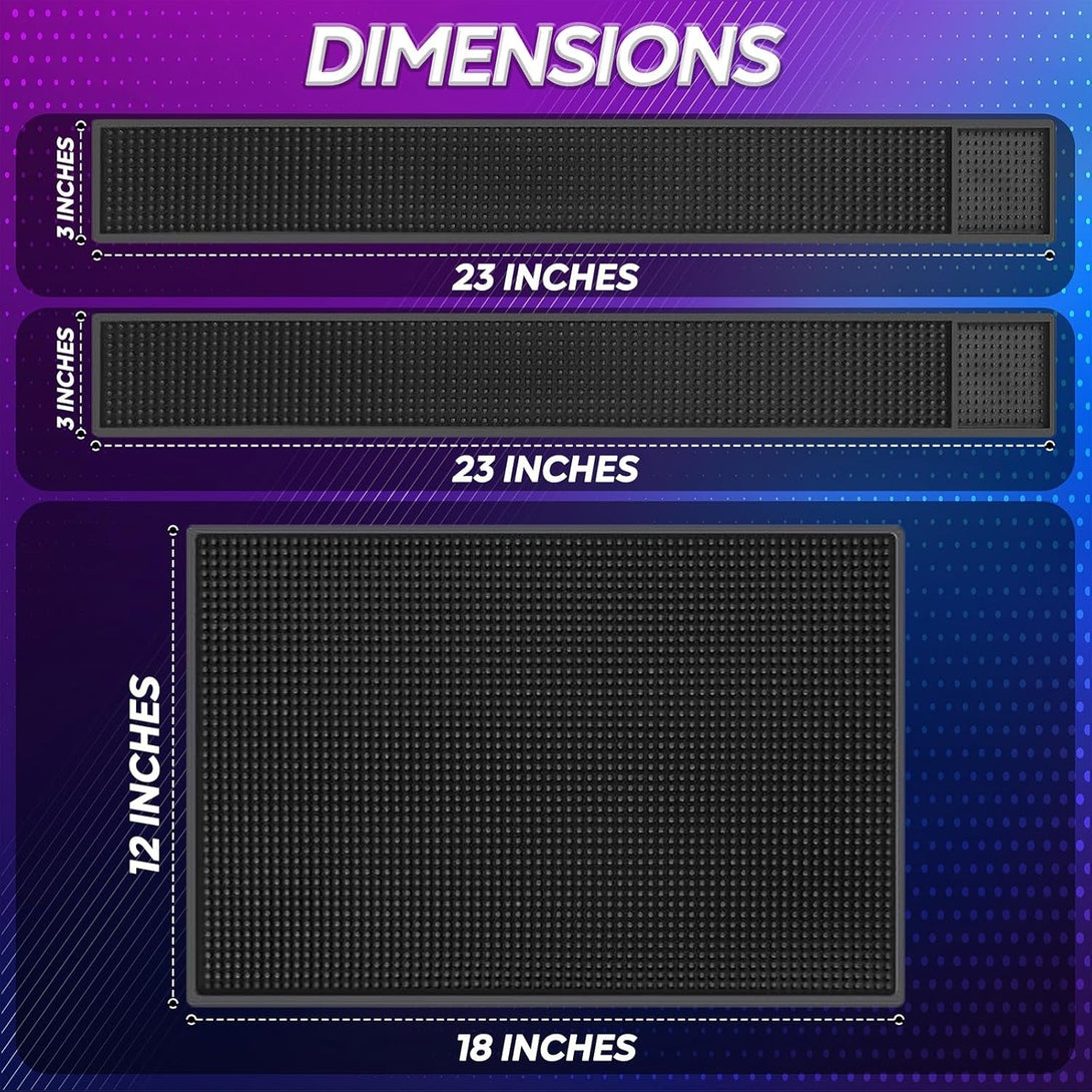 3 Pack Rubber Bar Mats, Spill Bar Mats for Bartending,Non-Slip Coffee Bar Mats for Countertop,Black Bar Mat for Home Bar,Kitchen, Restaurants(1Pc/18" X 12"+2Pc/24"X 3")