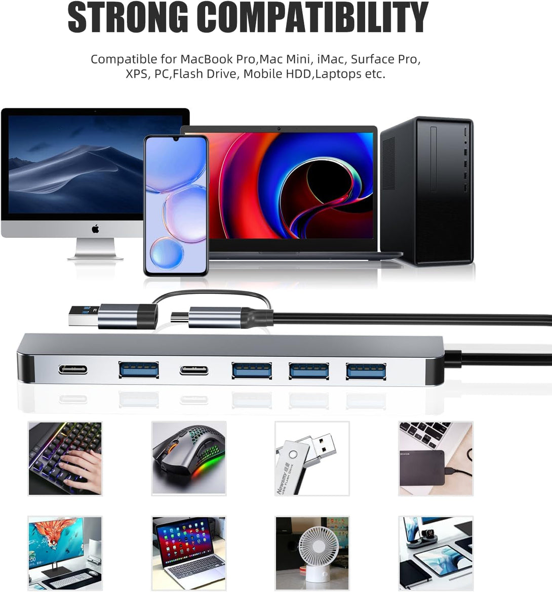 【Upgrade】 USB C/USB Hub, BERLAT Aluminum 7 in 1 USB C & USB Hub with USB 3.0, USB 2.0 Ports for Pc/Laptops/Macbook Pro/Air/Imac/Ipad and More Devices