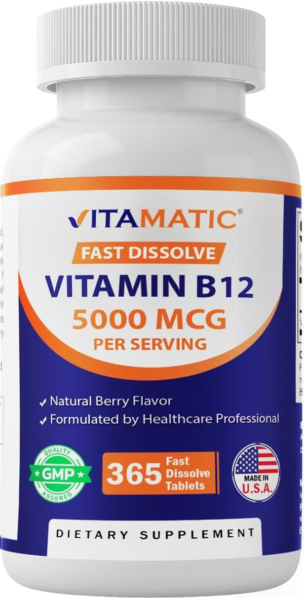 Vitamatic Vitamin B12 5000 Mcg – 365 Fast Dissolve Tablets Berry Flavor – Supports Energy Production & Nervous System Health – Non-Gmo, Gluten-Free