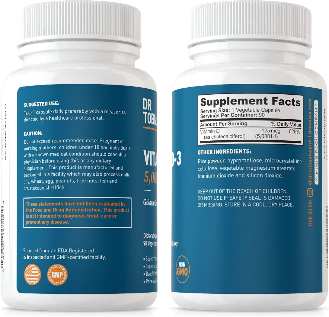Dr. Tobias Vitamin D3 5000 IU, Essential for Healthy Bones, Teeth, and Immune System, Extra Strength Vitamin D Supplement, Non-Gmo, 90 Capsules, 90 Servings