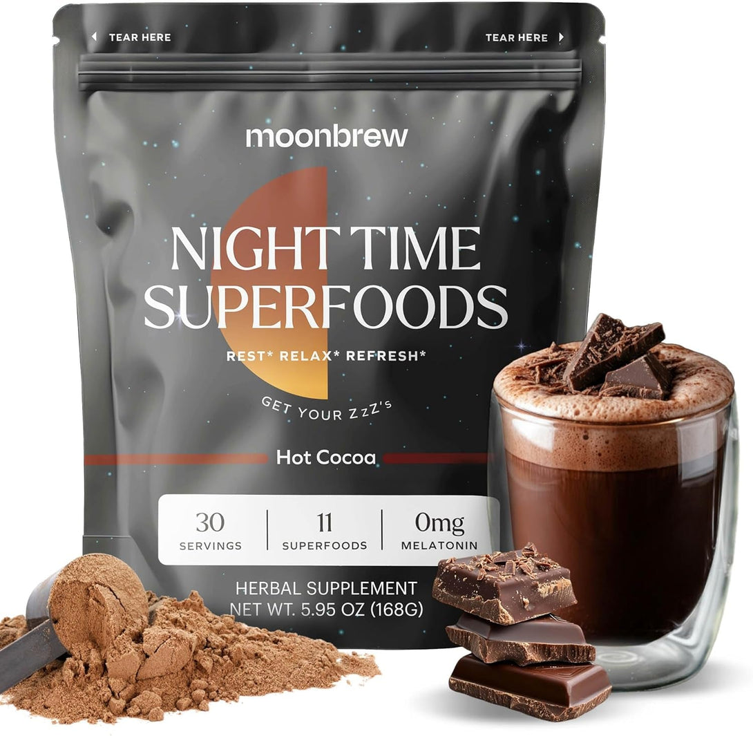 Moonbrew Nighttime Magnesium Hot Cocoa, Natural Sleep Aid Drink Mix for Adults - Calming Melatonin-Free Sleep Support - Sleepy Hot Chocolate Powder with L-Theanine, Chamomile & Zinc Glycinate